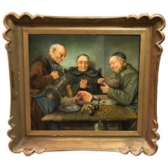 20th Century Oil Painting of Dining Monks in the Wine Cellar Monastery