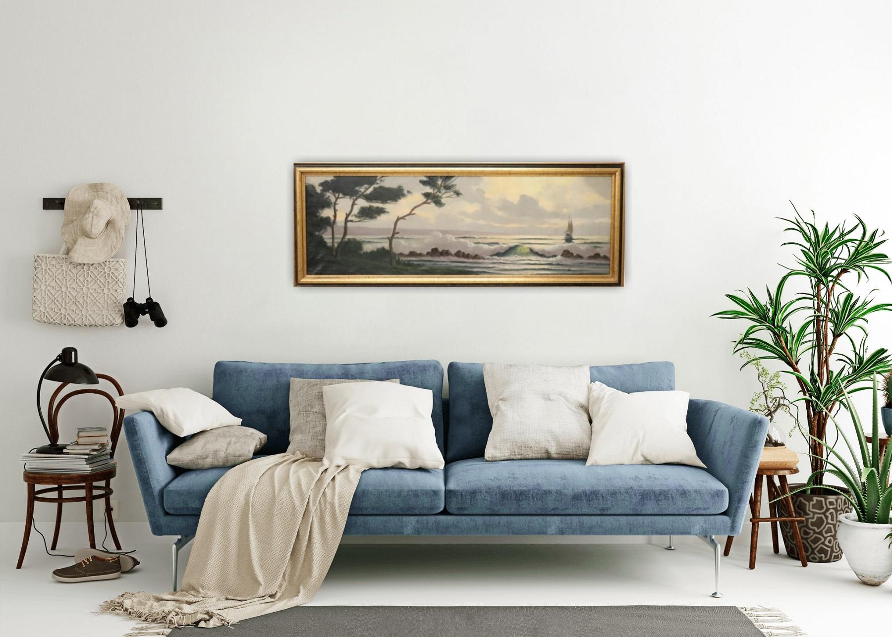 Wir freuen uns, dieses schöne Ölgemälde auf Leinwand aus der ersten Hälfte des 20. Jahrhunderts präsentieren zu können. Dieses atemberaubende, landschaftlich reizvolle Gemälde entfaltet sich in einem langen, horizontalen Format. Das Gemälde ist