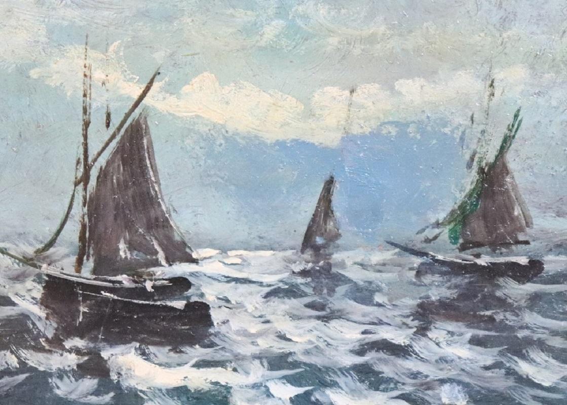 French 20th Century Oil Painting on Hardboard Marine with Boats