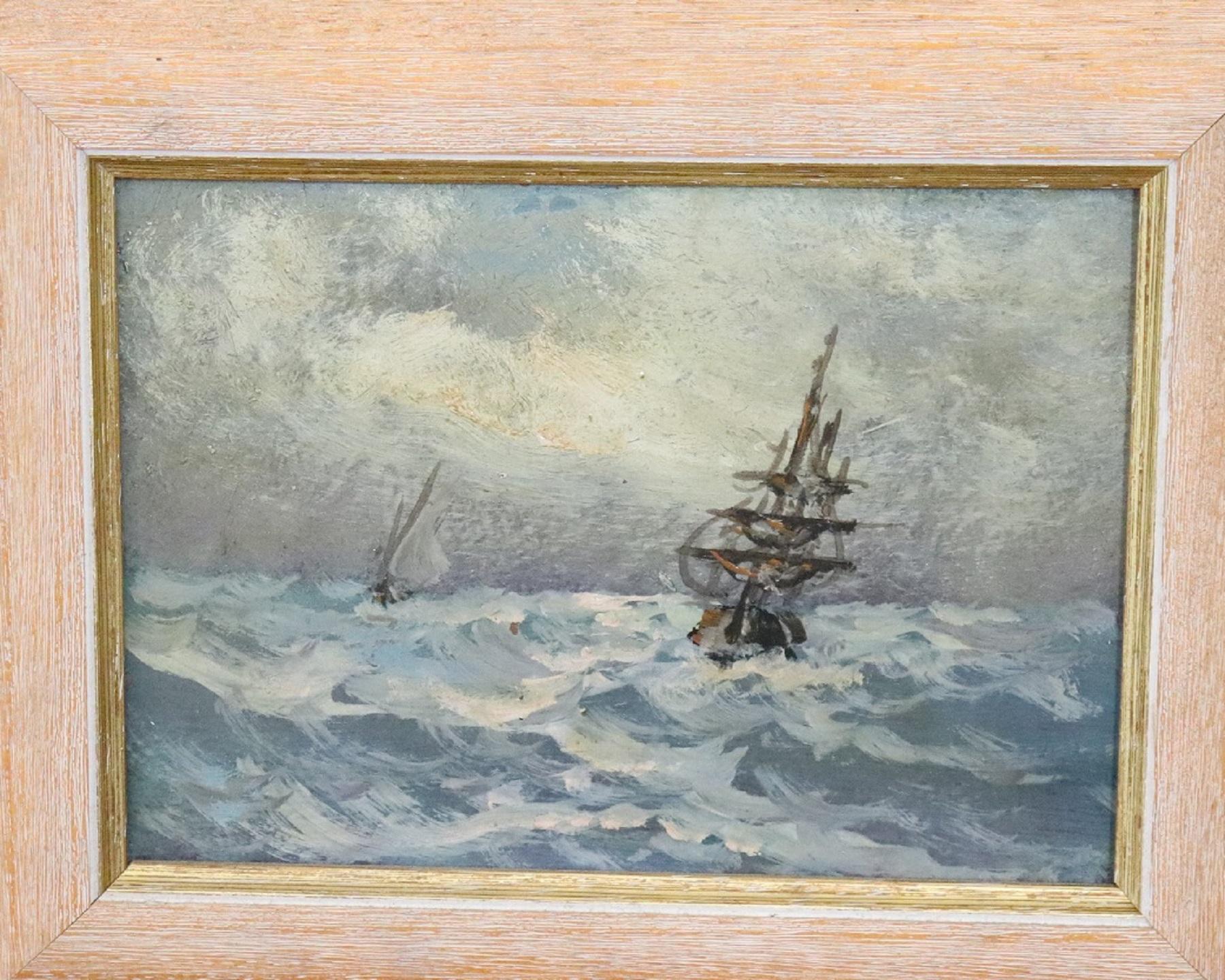 Oiled 20th Century Oil Painting on Hardboard Marine with Boats