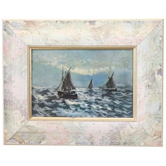 20th Century Oil Painting on Hardboard Marine with Boats