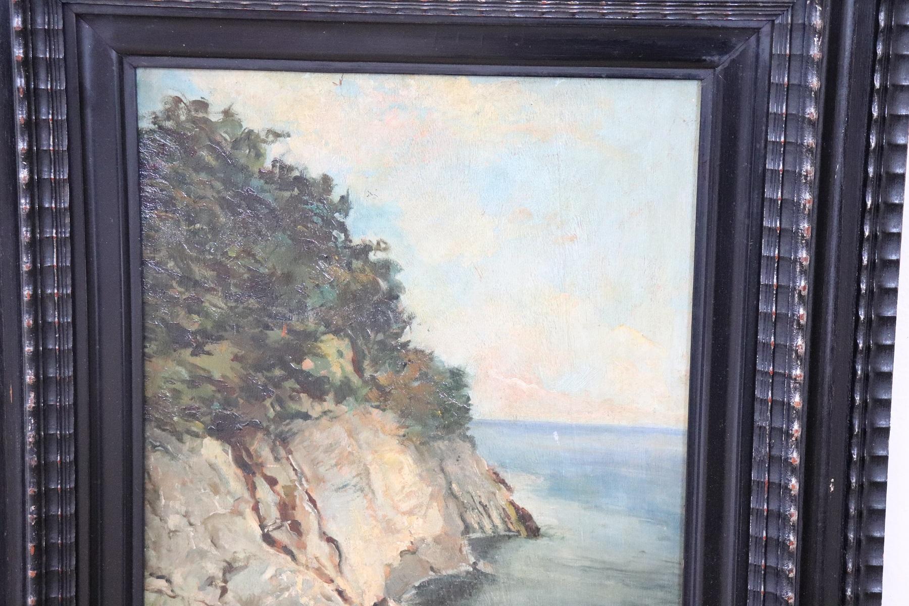 Beautiful painting, circa 1910 signed in the lower right author not recognized.
Subject the coast of Italy realized technique oil on wood table. Excellent pictorial quality made extremely refined by the use of colors in a perfect way. Sold with a