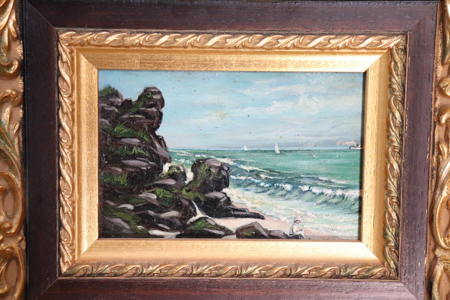 Beautiful painting, circa 1930.
Subject the coast of Italy realized technique oil on zinc table. Excellent pictorial quality made extremely refined by the use of colors in a perfect way. Sold with a coeval frame.
 