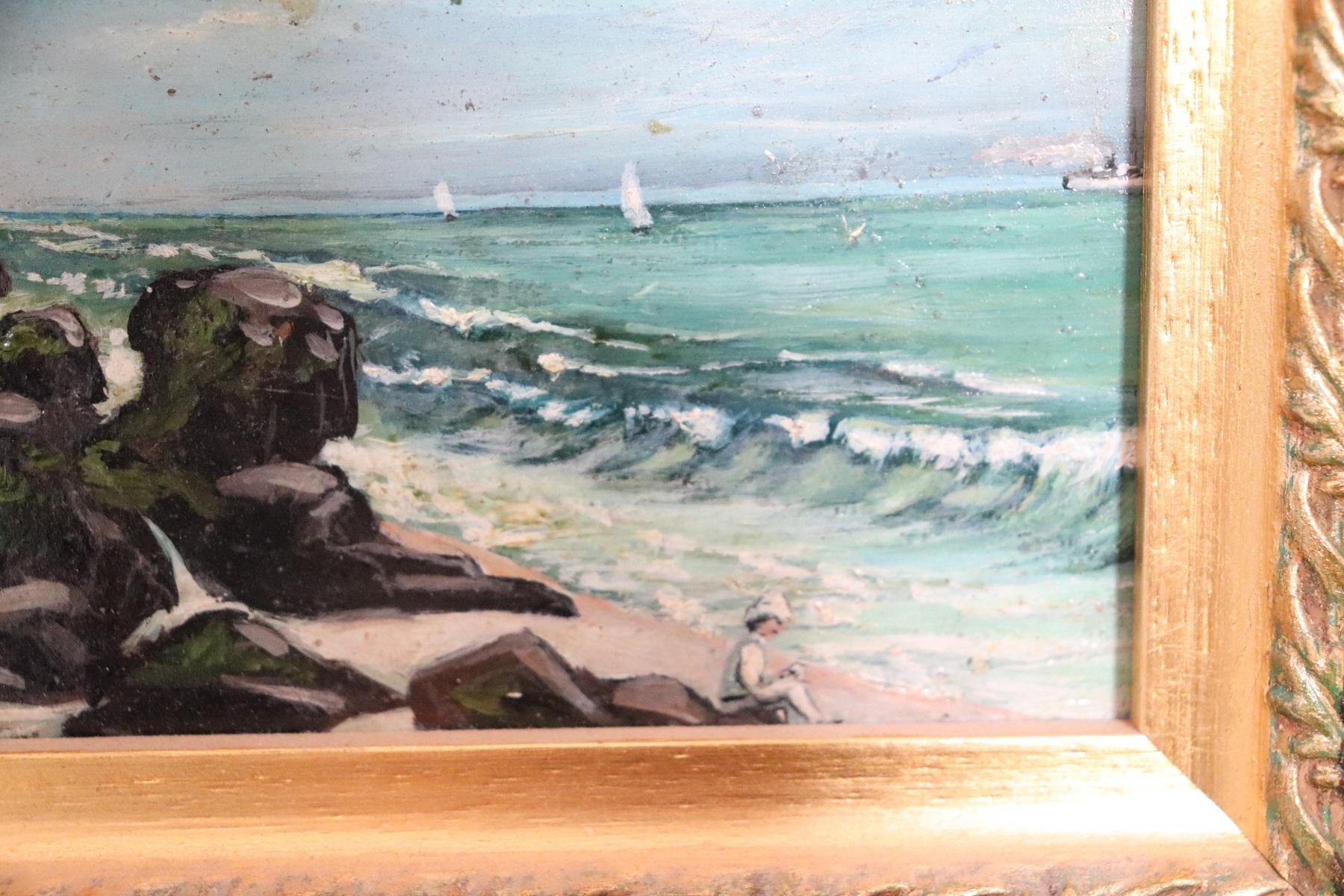 Oiled 20th Century Oil Painting on Zinc Table Landscape of the Italian Coast