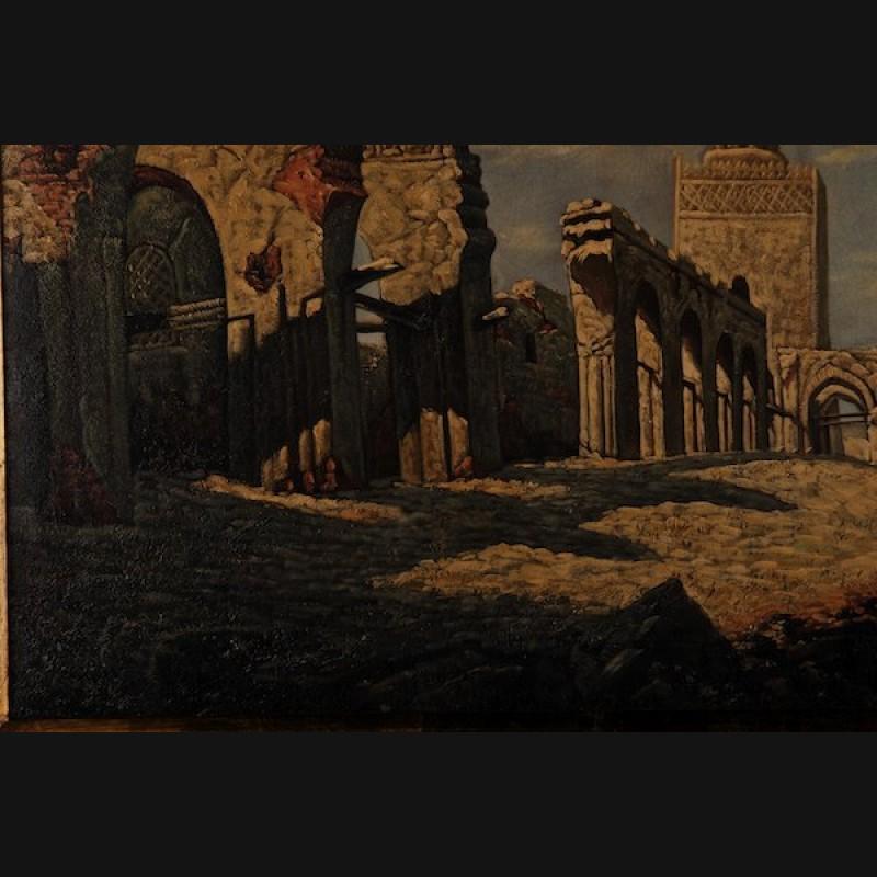 Oiled 20th Century Oil Painting oriental Ruins of the Hakim Mosque in Cairo