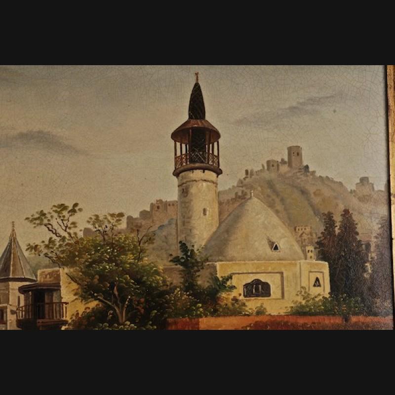 Pittura ad olio del XX secolo Scena orientale Moschea architettonicamente ben progettata in vendita 1