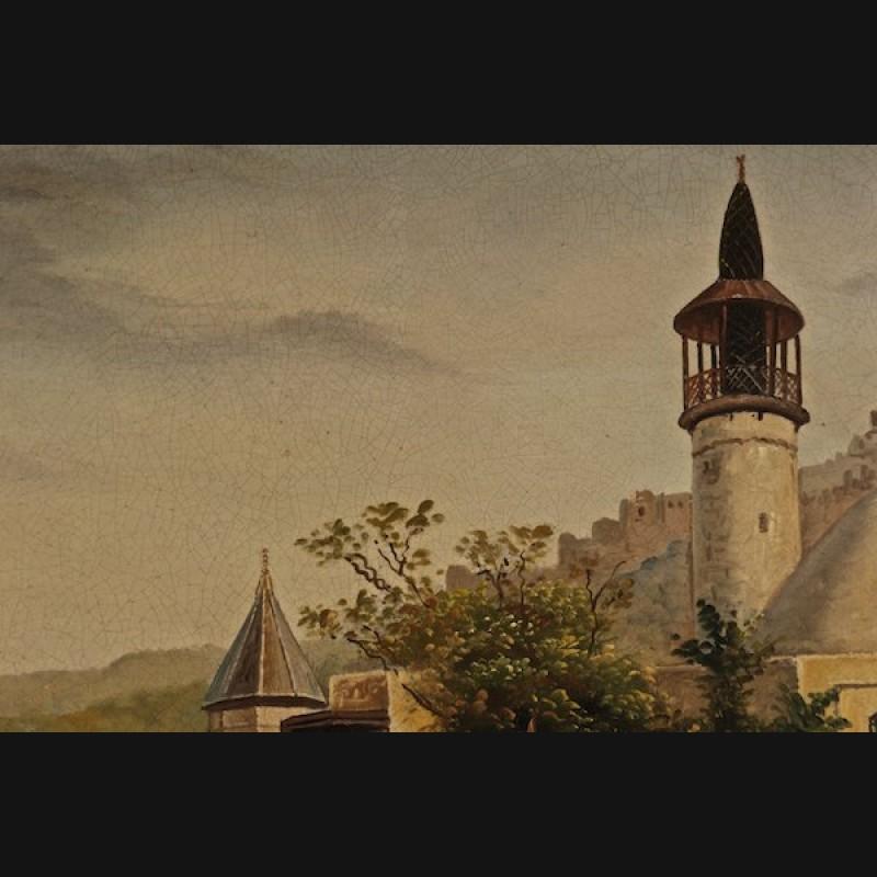 Pittura ad olio del XX secolo Scena orientale Moschea architettonicamente ben progettata in vendita 2