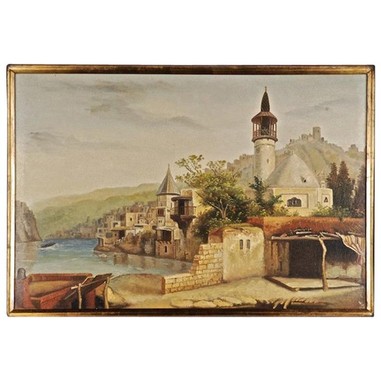 Peinture à l'huile du 20ème siècle - Scène orientale - Mosque architecturale finement conçue