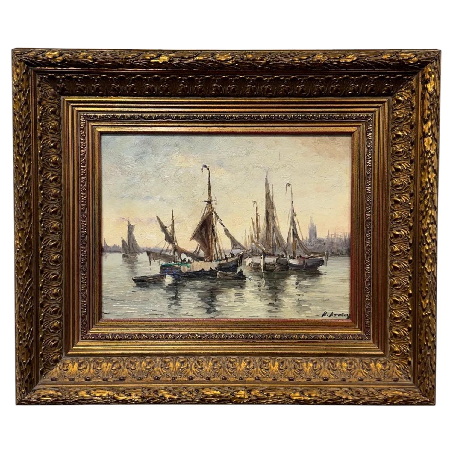 20th Century Oil Painting "Ships in Harbor" For Sale
