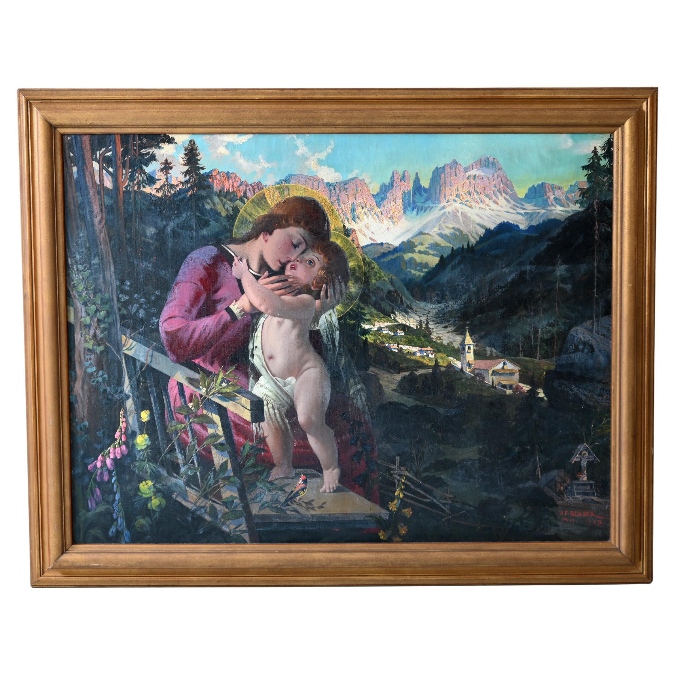 20th Century Oil Painting Sign, JFbender Munich Mary with Child in South Tyrol  For Sale