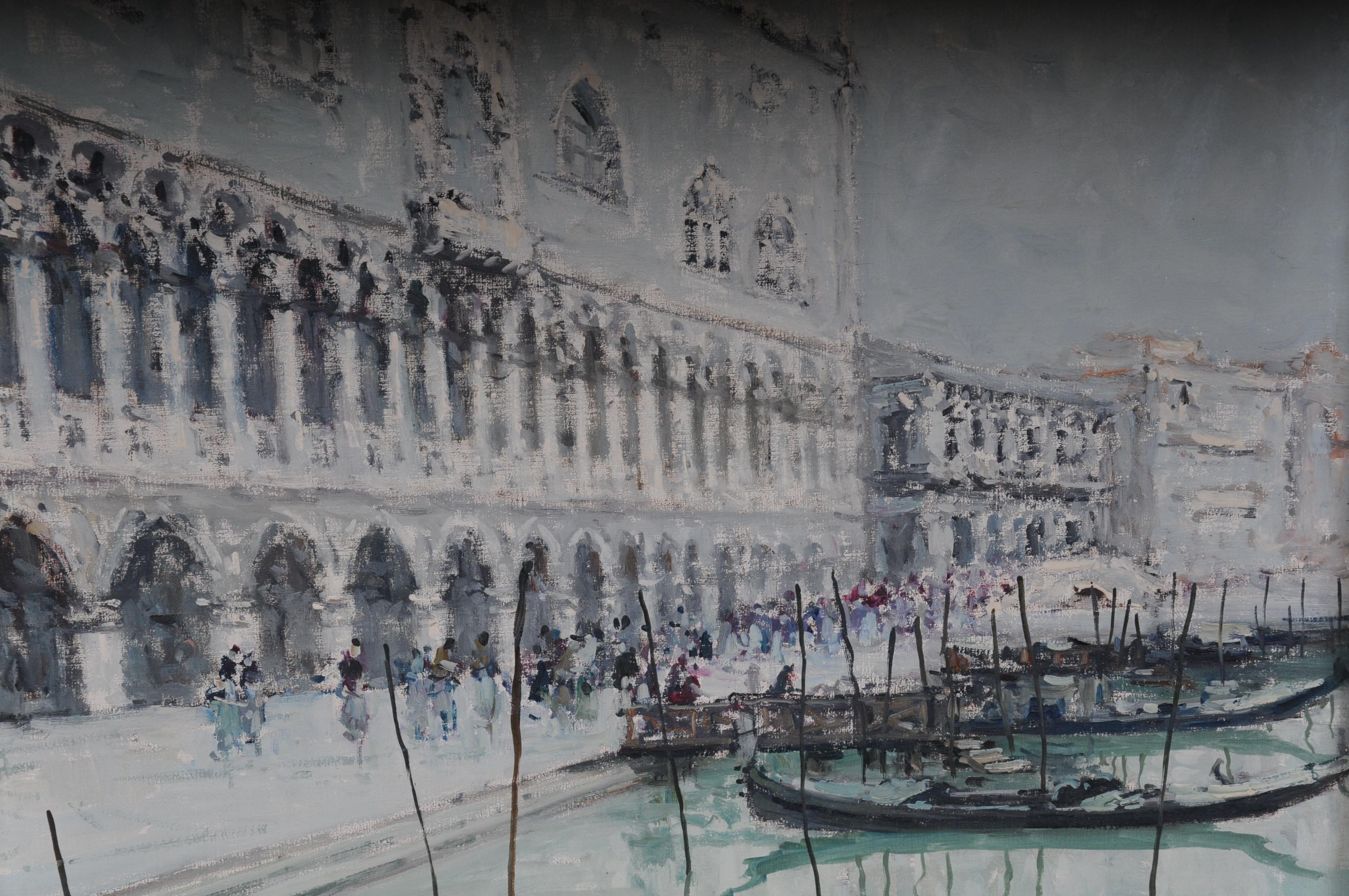 Oiled 20th Century Oil Painting View from Venice Gondolas Oil of Canvas