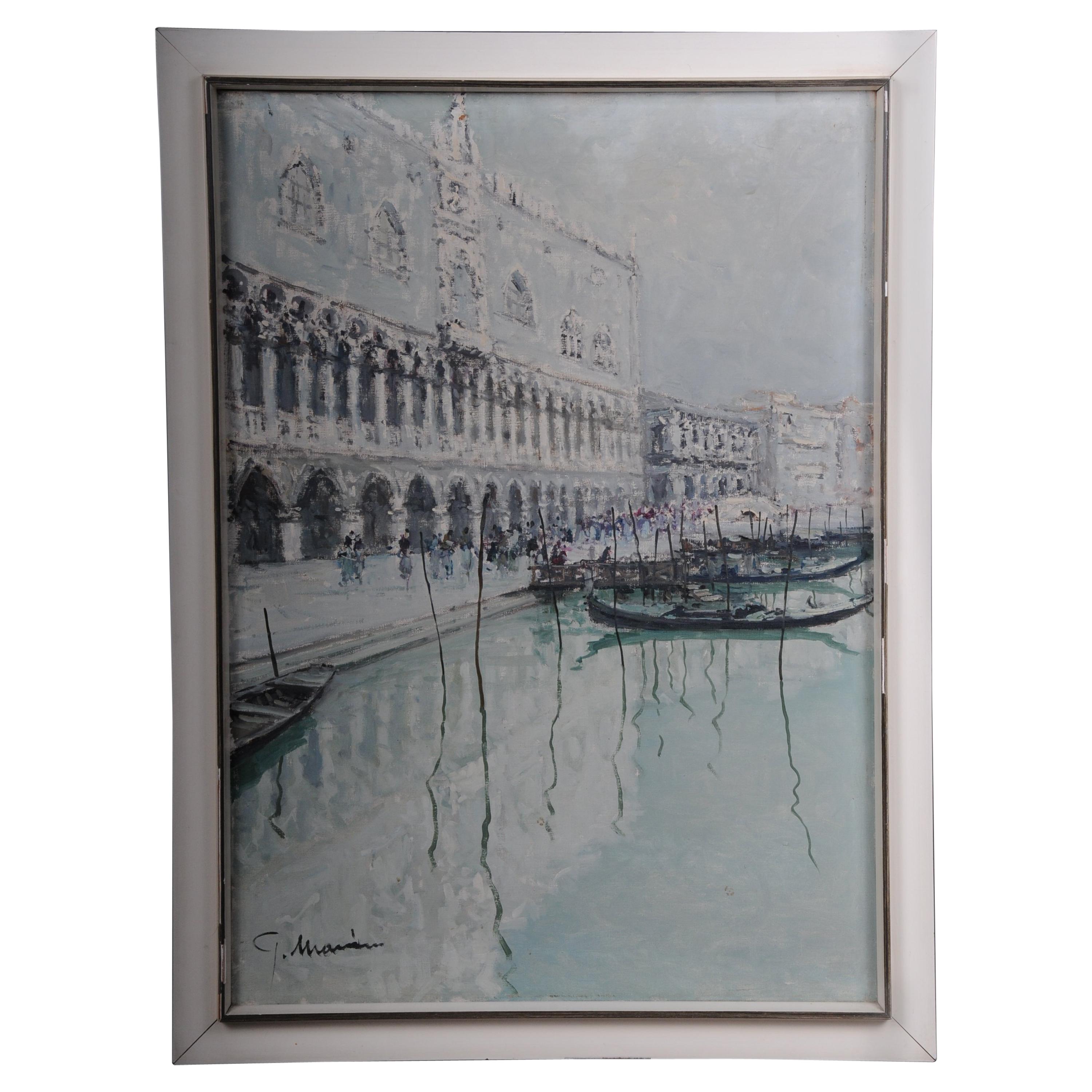 20th Century Oil Painting View from Venice Gondolas Oil of Canvas