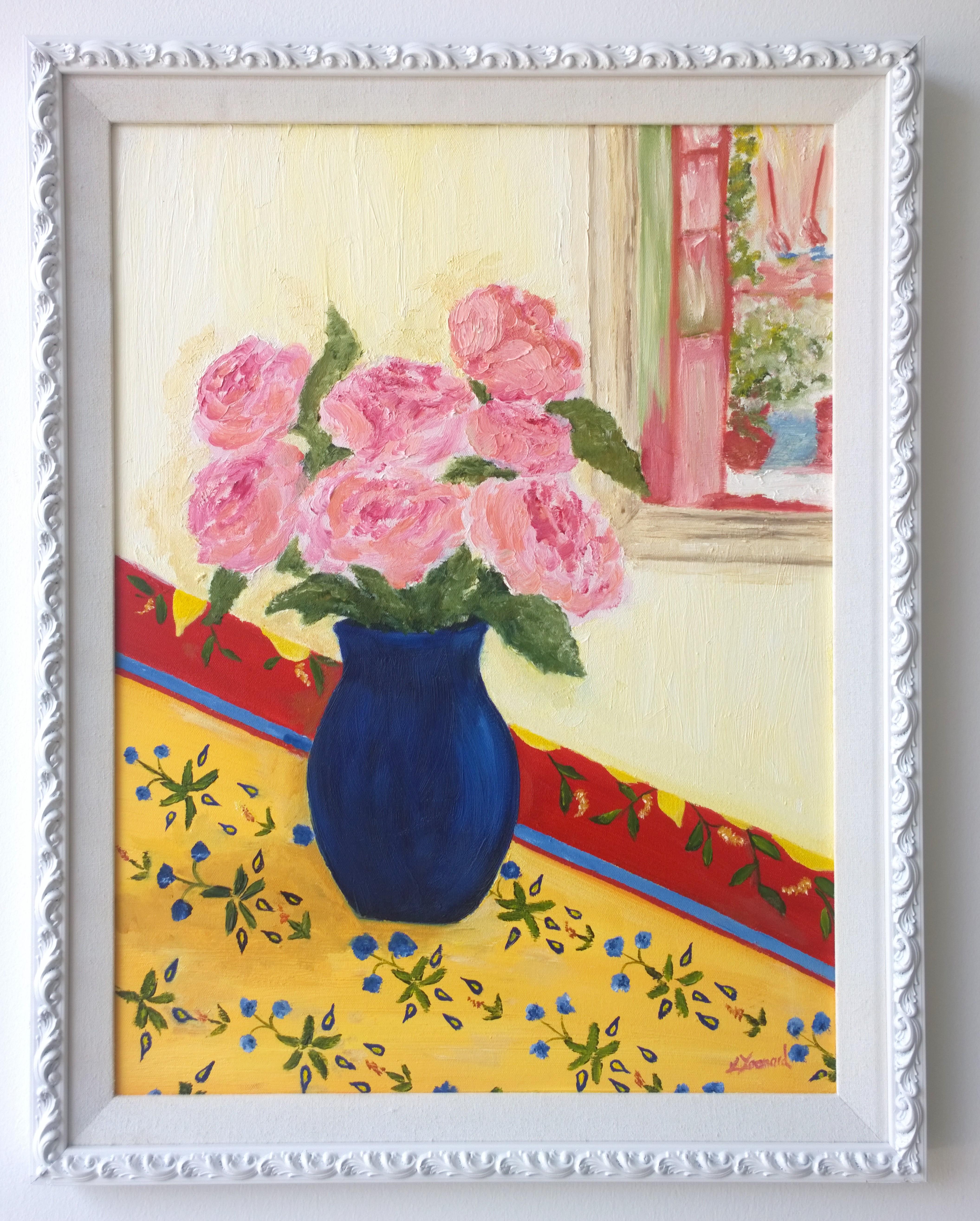 Offered is a 20th century oil painting still life of flowers in a vase signed by Kelly Yoonard in the 