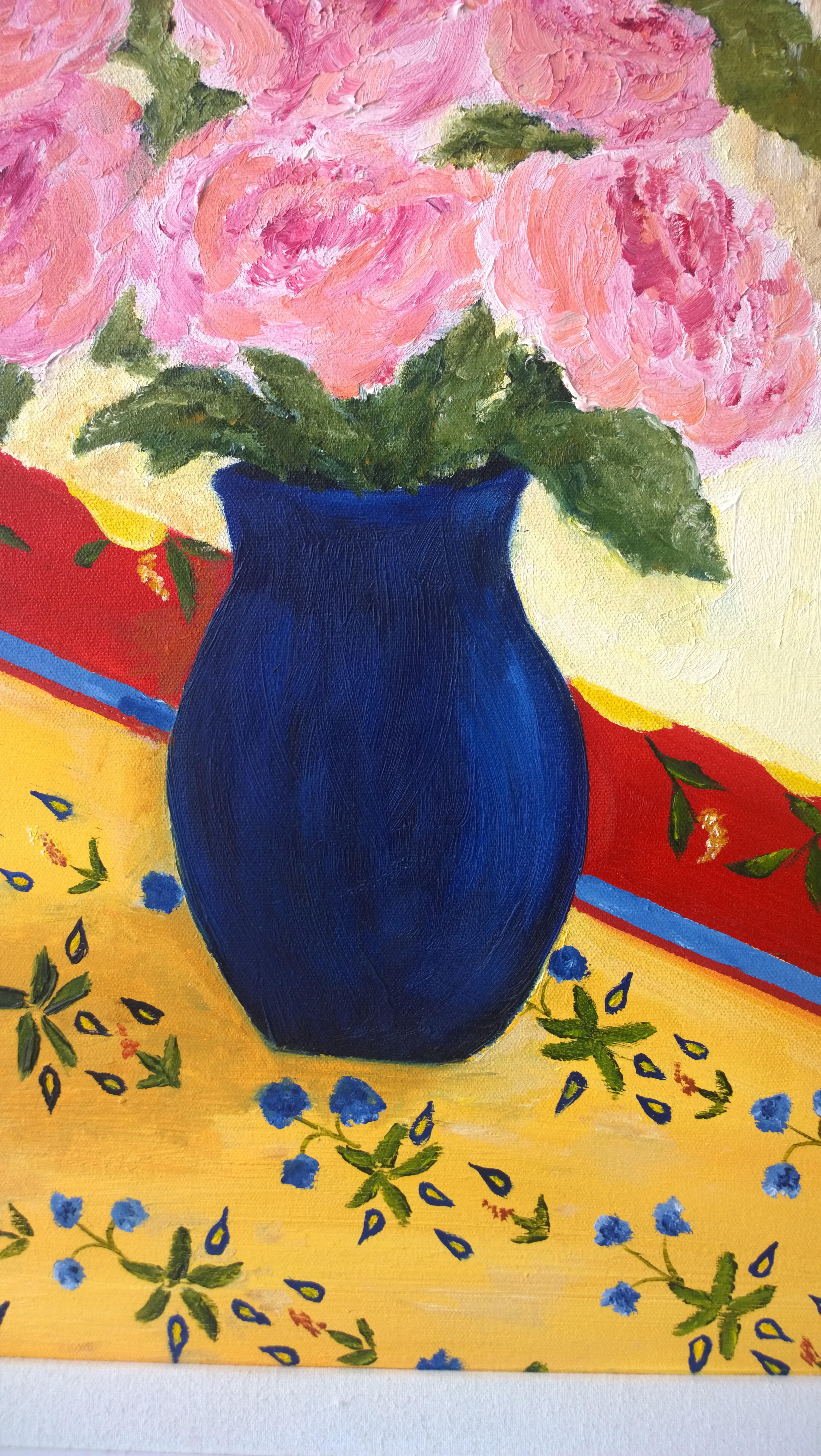 Mid-Century Modern Matisse Style Kelly Yoonard 20th Century Pink, Yellow and Blue Floral Still Life For Sale