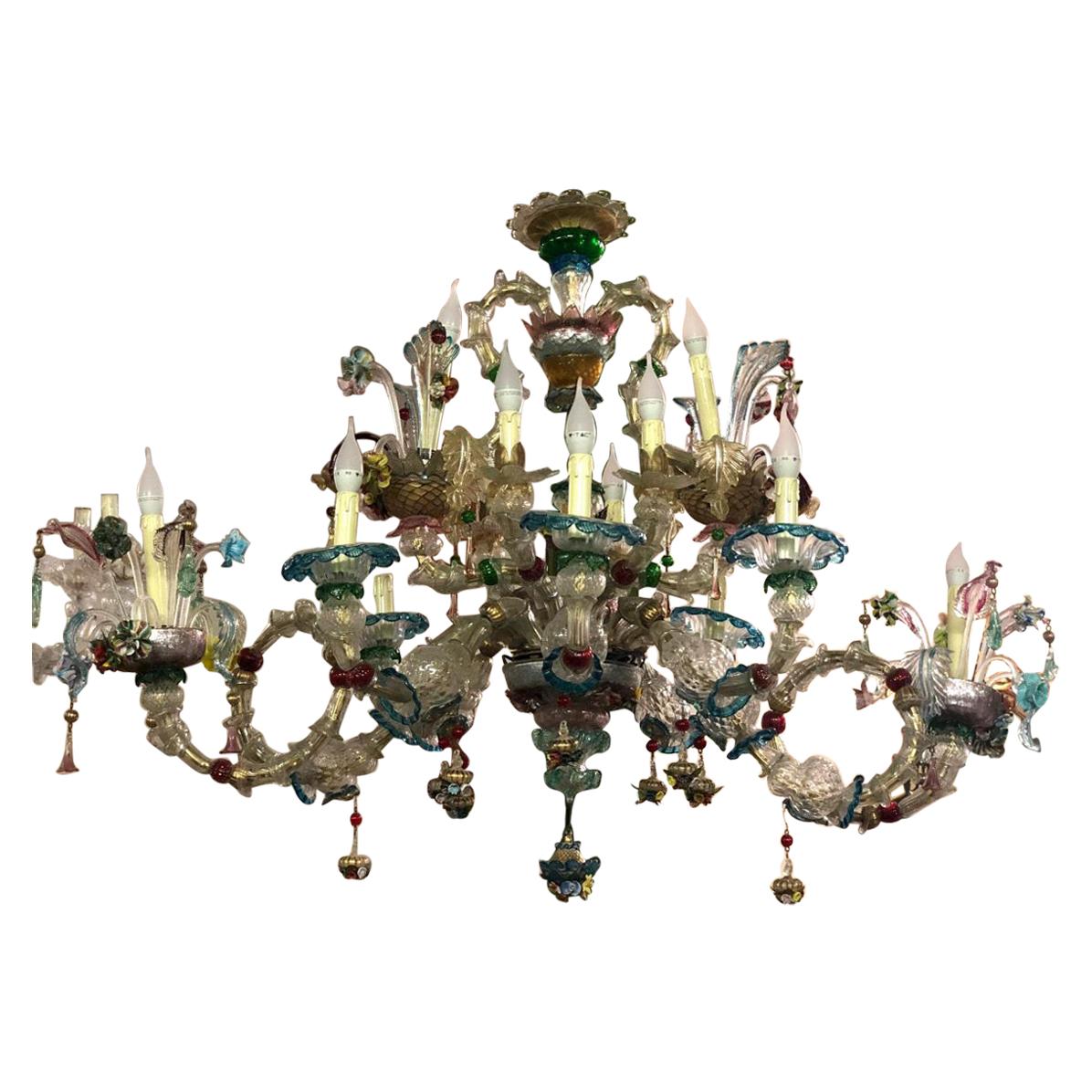 20th Century Old Murano Chandelier Colored and Gold Mod. "Gondola" 14 Lights