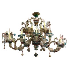 20th Century Old Murano Chandelier Colored and Gold Mod. "Gondola" 14 Lights