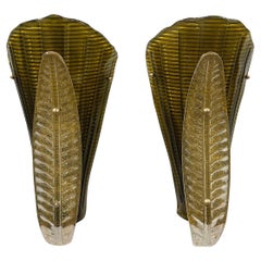 20th Century Olive-Green Italian Pair of Murano Glass Leaf Wall Appliques