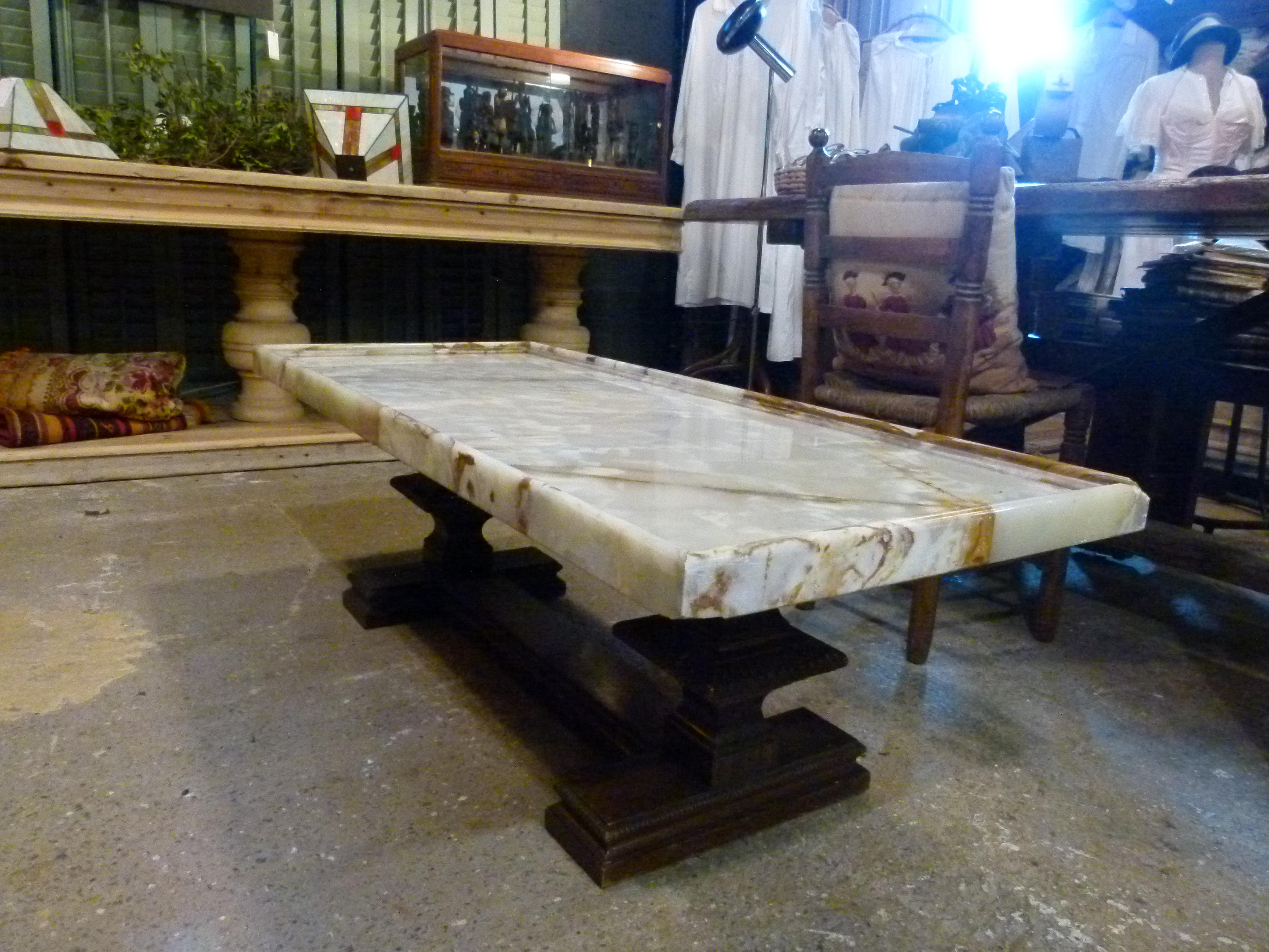 European 20th Century Center Table in Onyx Stone Top and Wood Base. Spain