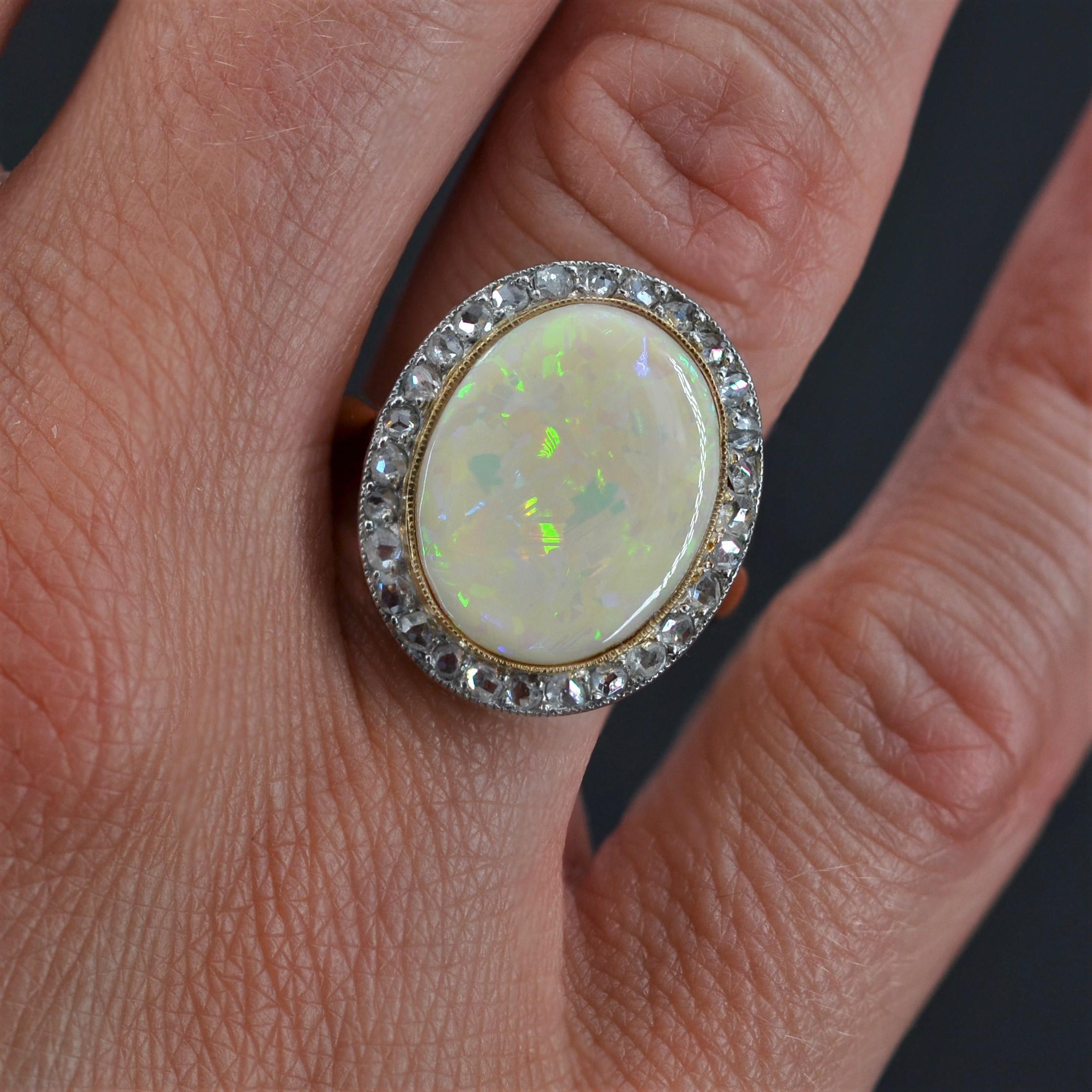 Belle Époque 20th Century Opal Diamonds 18 Karat Yellow Gold Ring For Sale