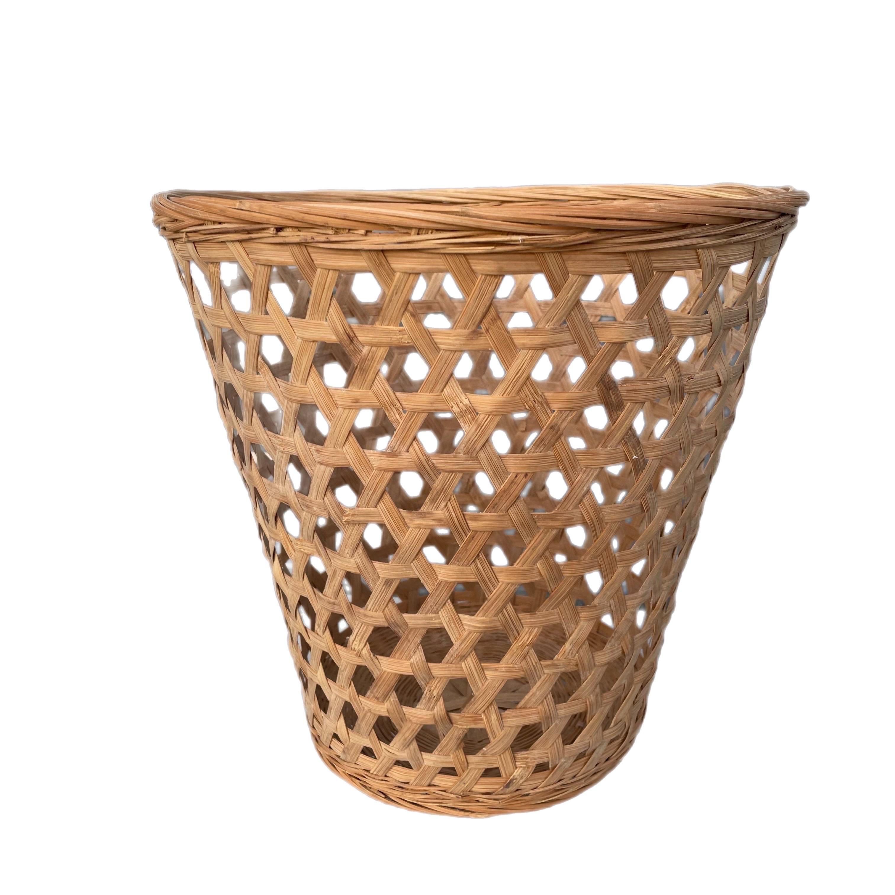 Hand-Woven 20th Century Open Weave Wicker Wastebasket or Trash Can