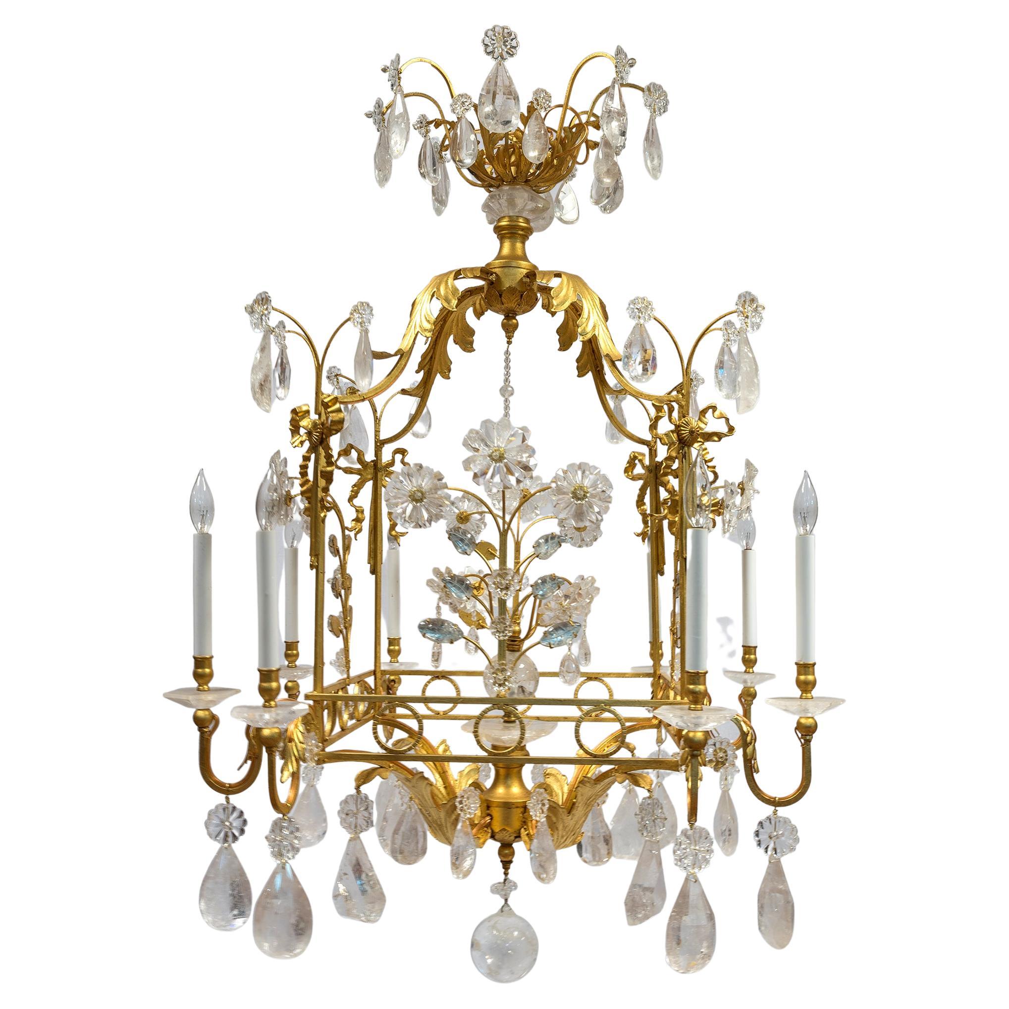 20th Century Opulent Rock Crystal Chandelier with foliage and ribbon motif For Sale