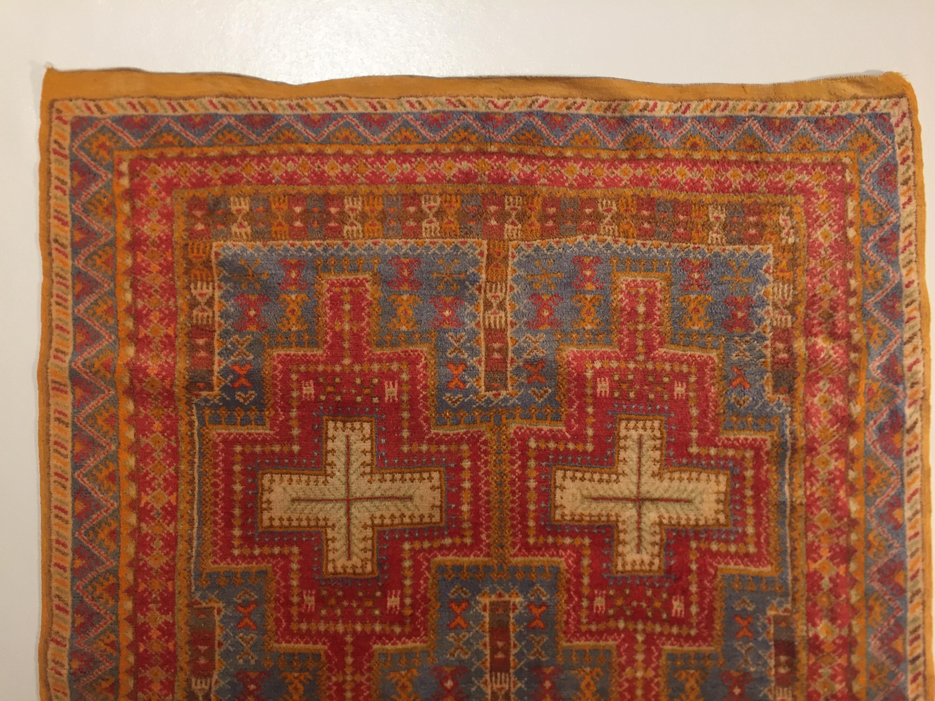 20th Century Orange & Blu Wool Moroccan Berber Tribal Ouauzouite Rug, circa 1960 5