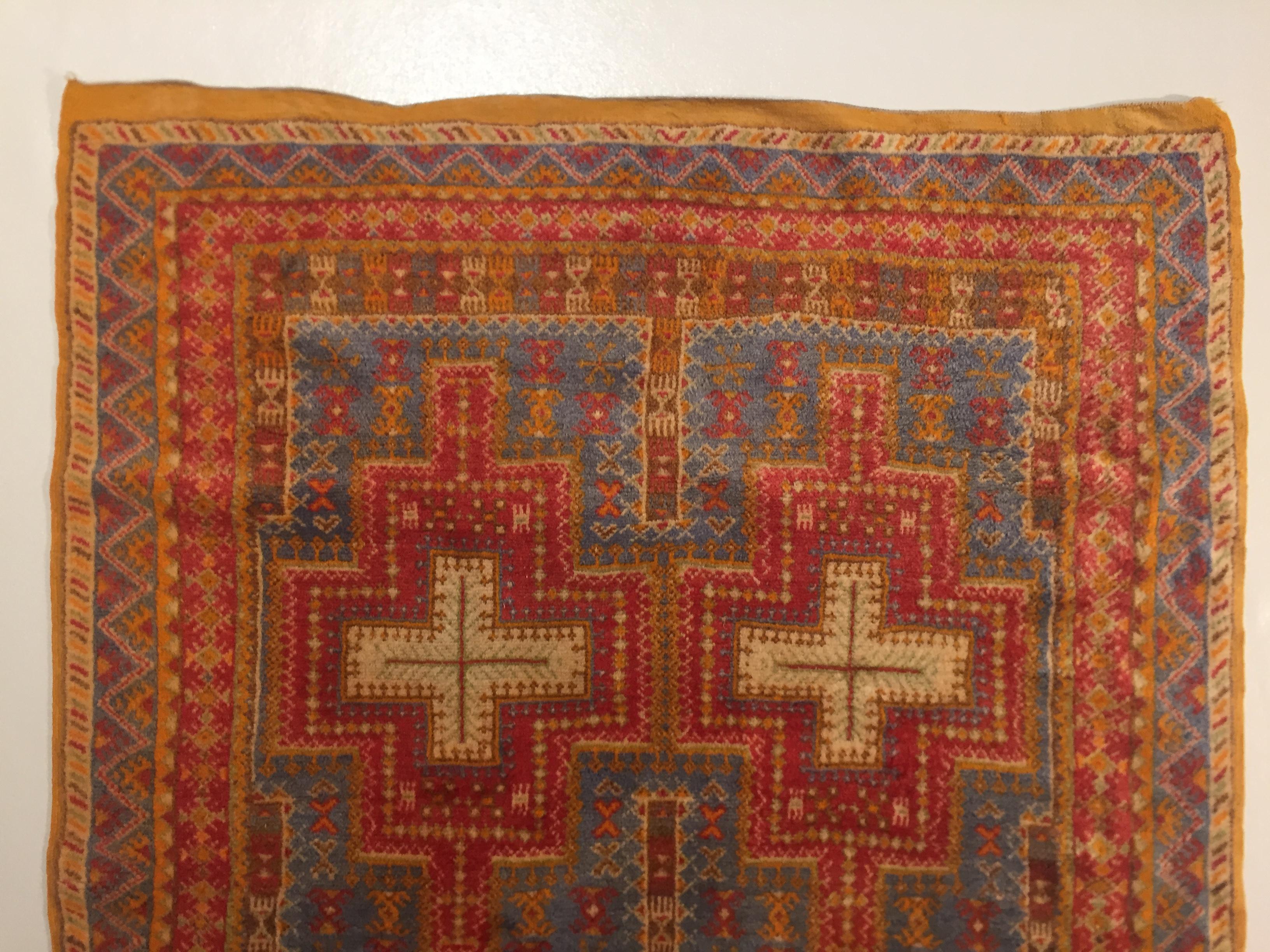 20th Century Orange & Blu Wool Moroccan Berber Tribal Ouauzouite Rug, circa 1960 6
