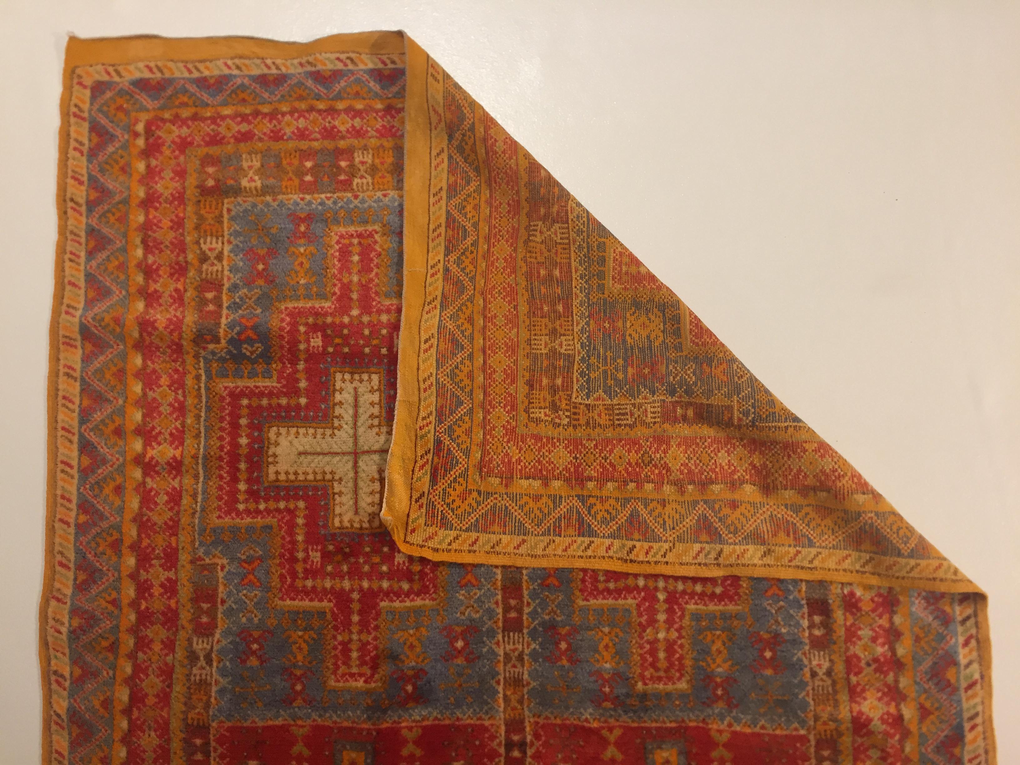 20th Century Orange & Blu Wool Moroccan Berber Tribal Ouauzouite Rug, circa 1960 8