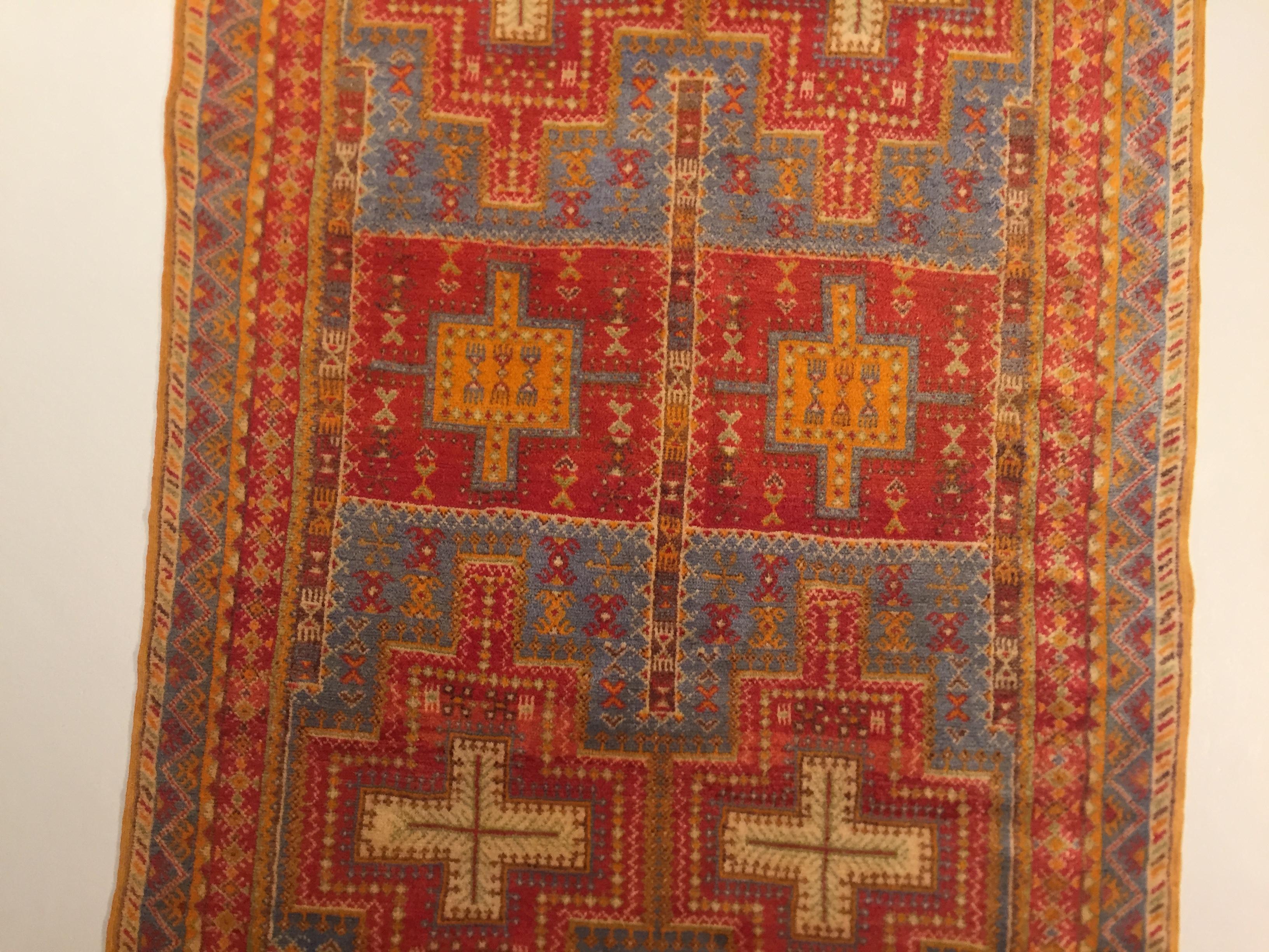 20th Century Orange & Blu Wool Moroccan Berber Tribal Ouauzouite Rug, circa 1960 2