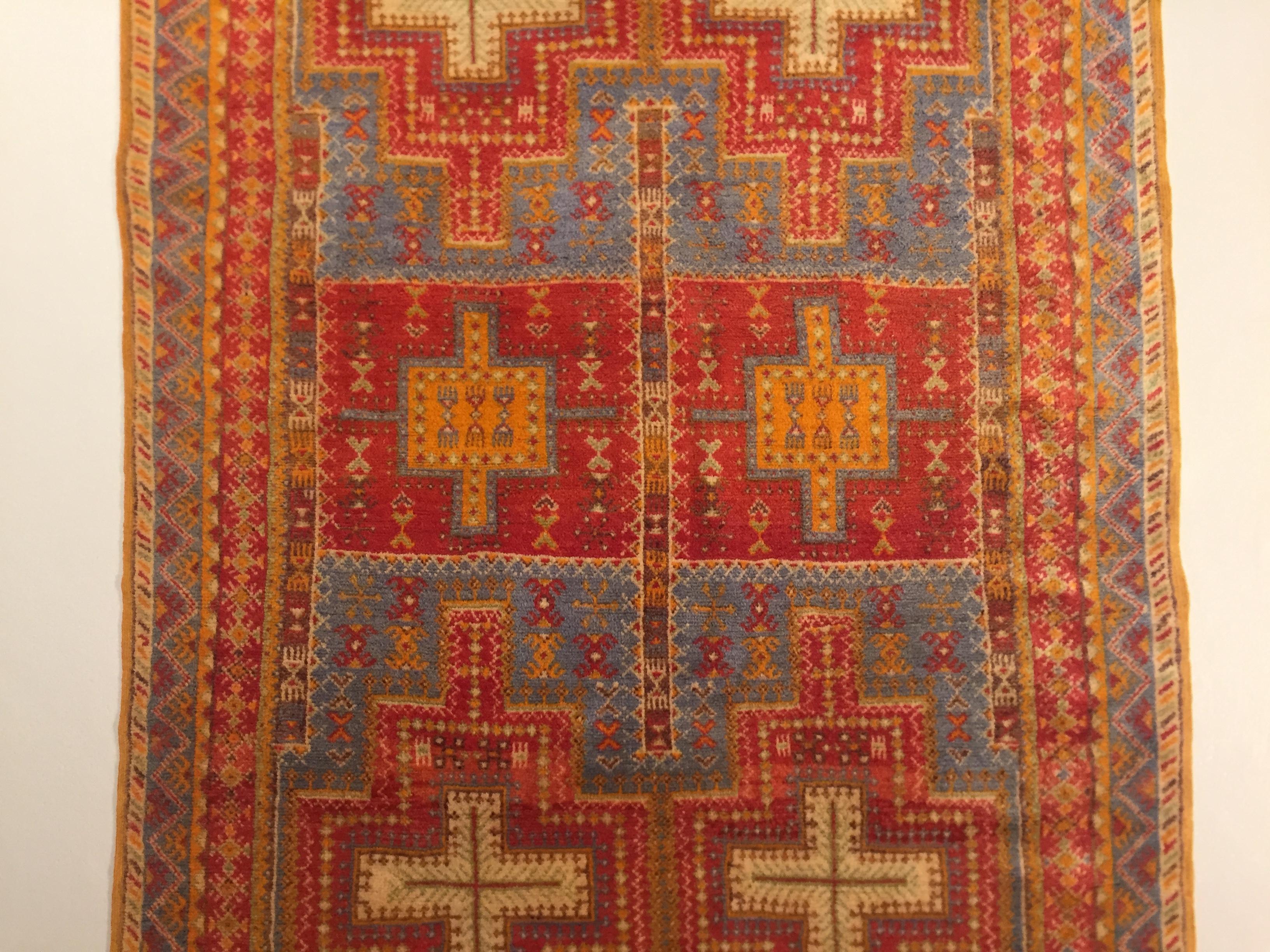 20th Century Orange & Blu Wool Moroccan Berber Tribal Ouauzouite Rug, circa 1960 3