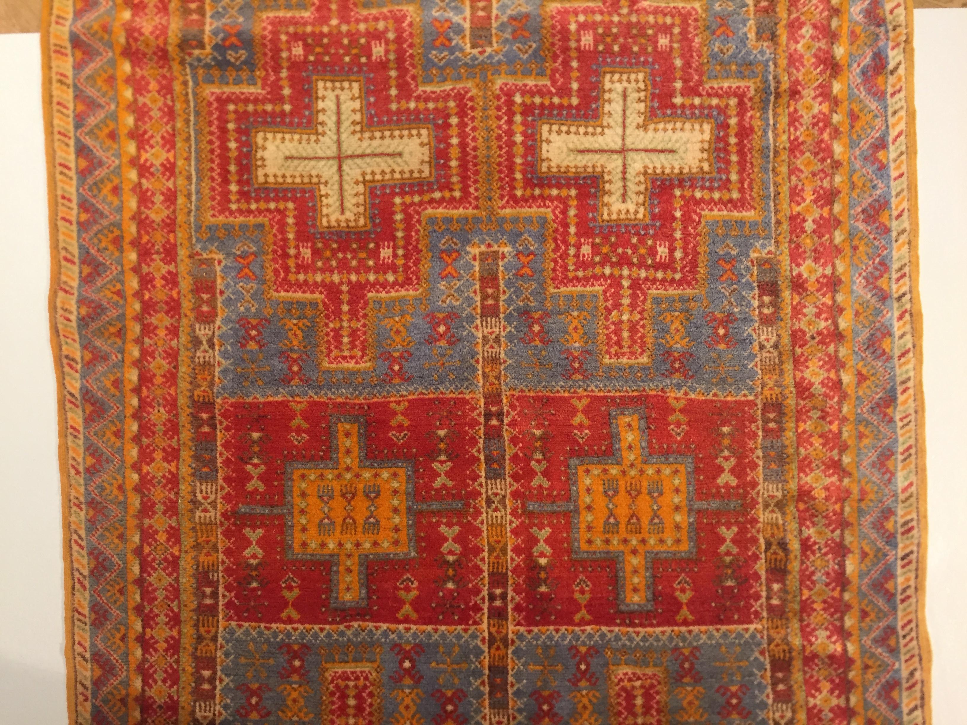 20th Century Orange & Blu Wool Moroccan Berber Tribal Ouauzouite Rug, circa 1960 4