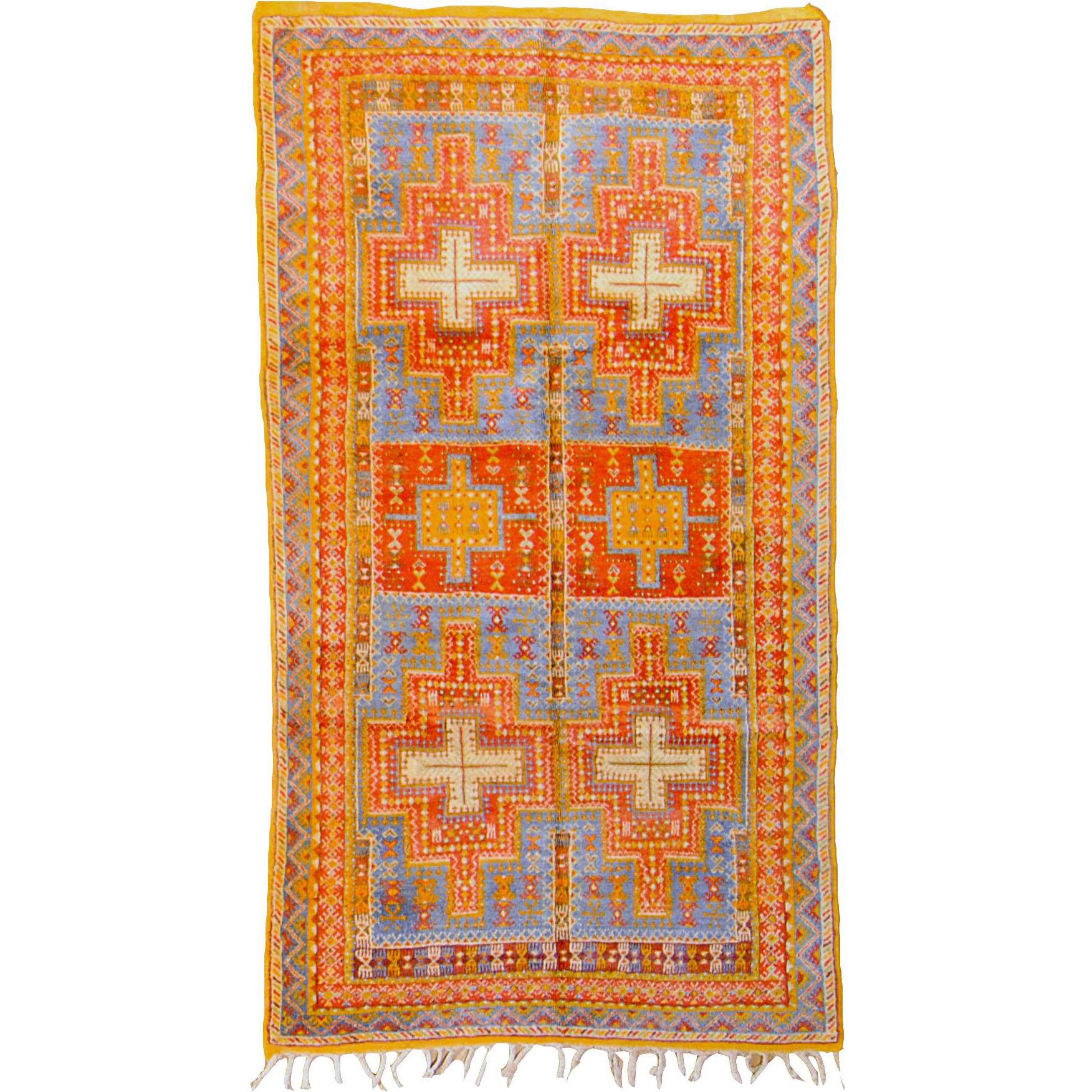 20th Century Orange & Blu Wool Moroccan Berber Tribal Ouauzouite Rug, circa 1960