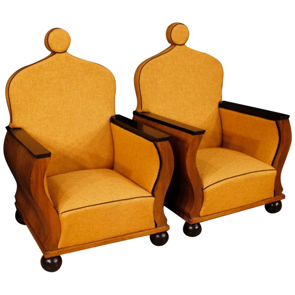 20th Century Orange Fabric Walnut Wood French Pair of Armchairs, 1950