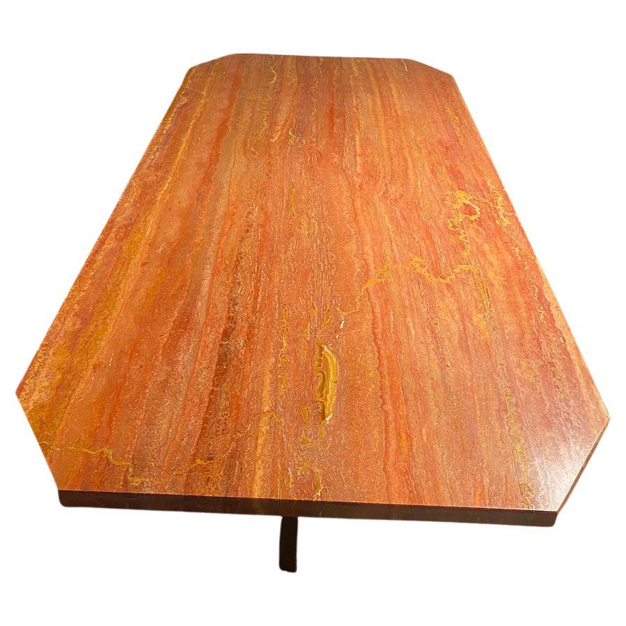 20th Century Orange-Pink Marble Table 1 Brass Base Italian Design 1970