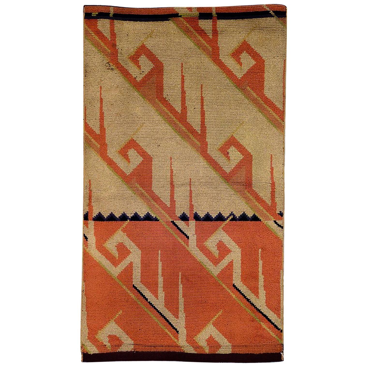 20th Century Orange White in Wool France European Art Deco Rug, 1920-1940