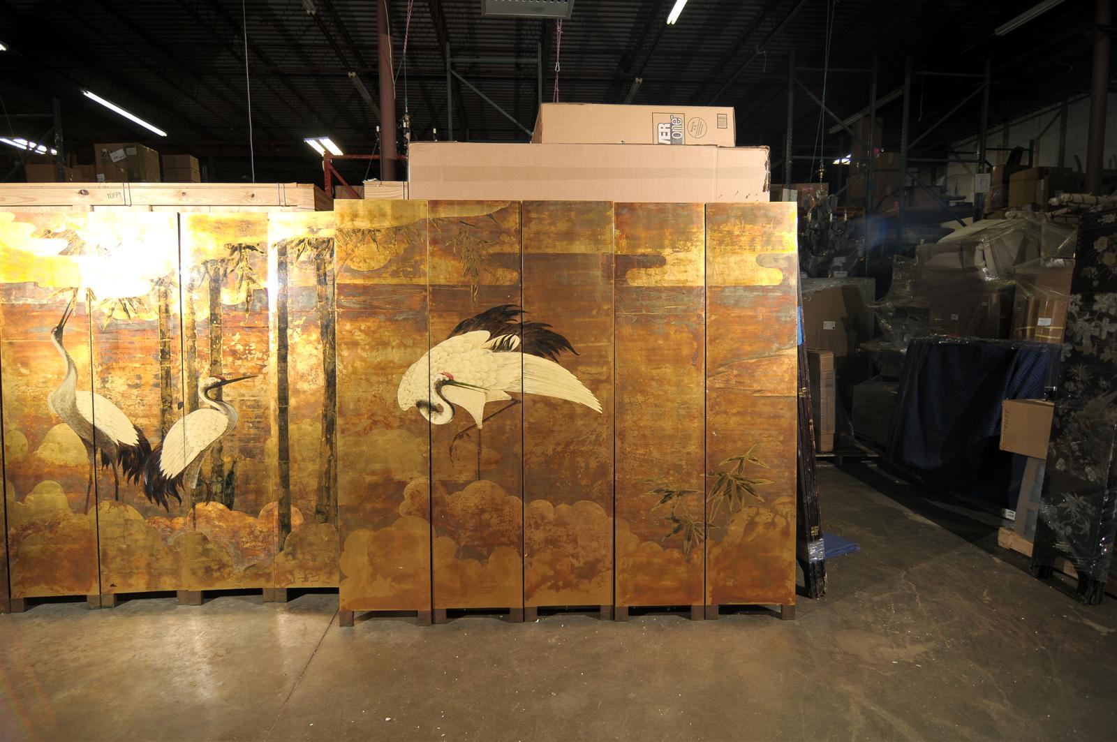 Dramatic 20th century oriental 10-panel lacquered screen with cranes and bamboo at daybreak, gold tones
Each panel: 18