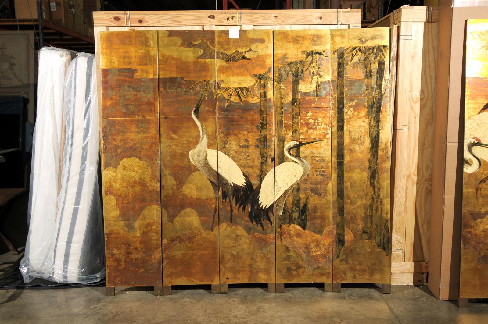 Asian 20th Century Oriental 10-Panel Lacquered Screen with Cranes & Bamboo, Gold Tones