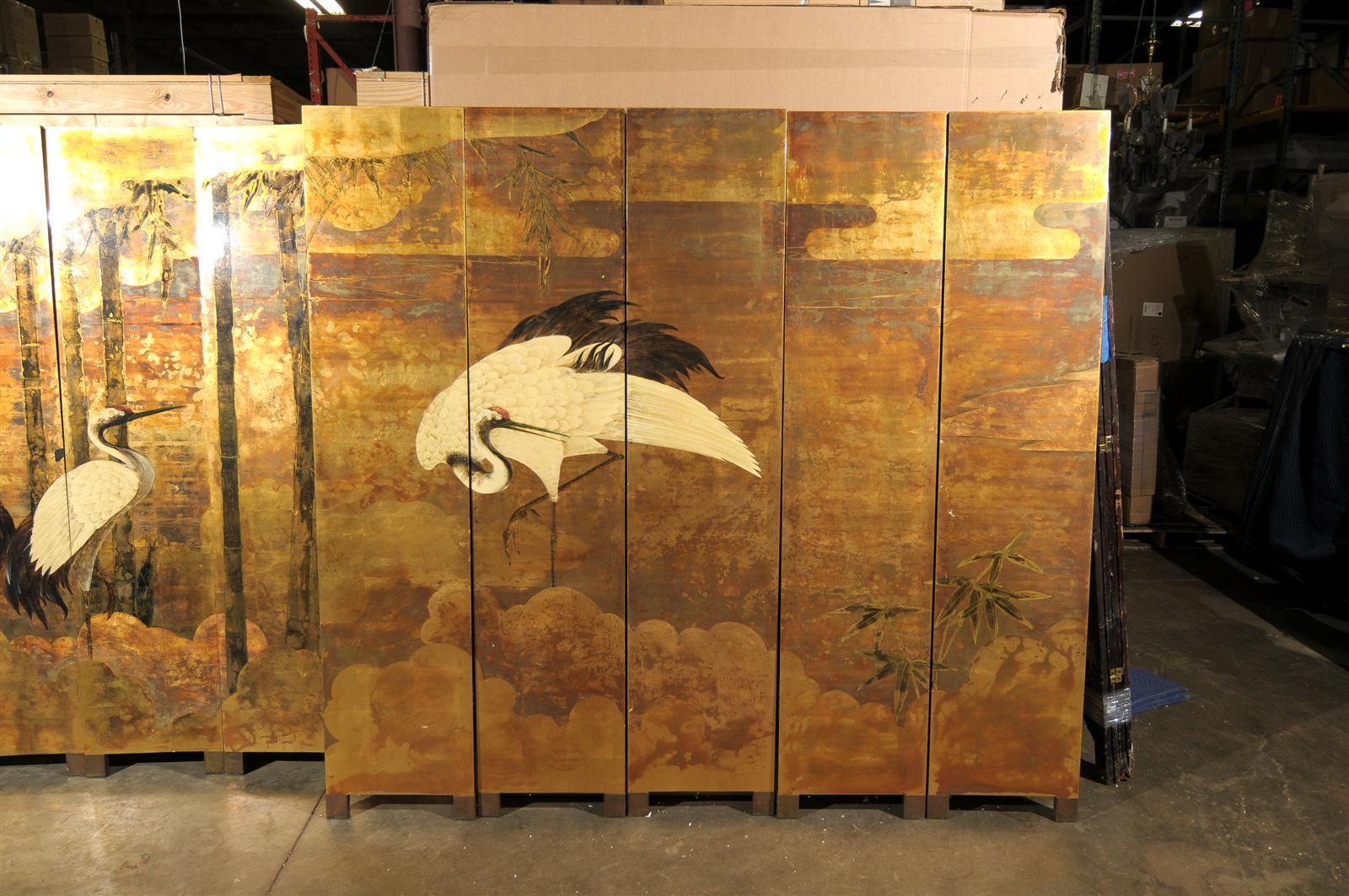 Wood 20th Century Oriental 10-Panel Lacquered Screen with Cranes & Bamboo, Gold Tones