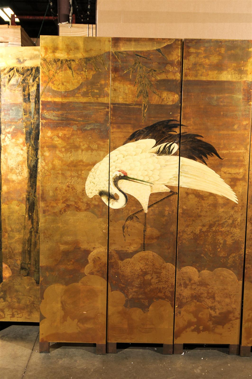 20th Century Oriental 10-Panel Lacquered Screen with Cranes & Bamboo, Gold Tones 1