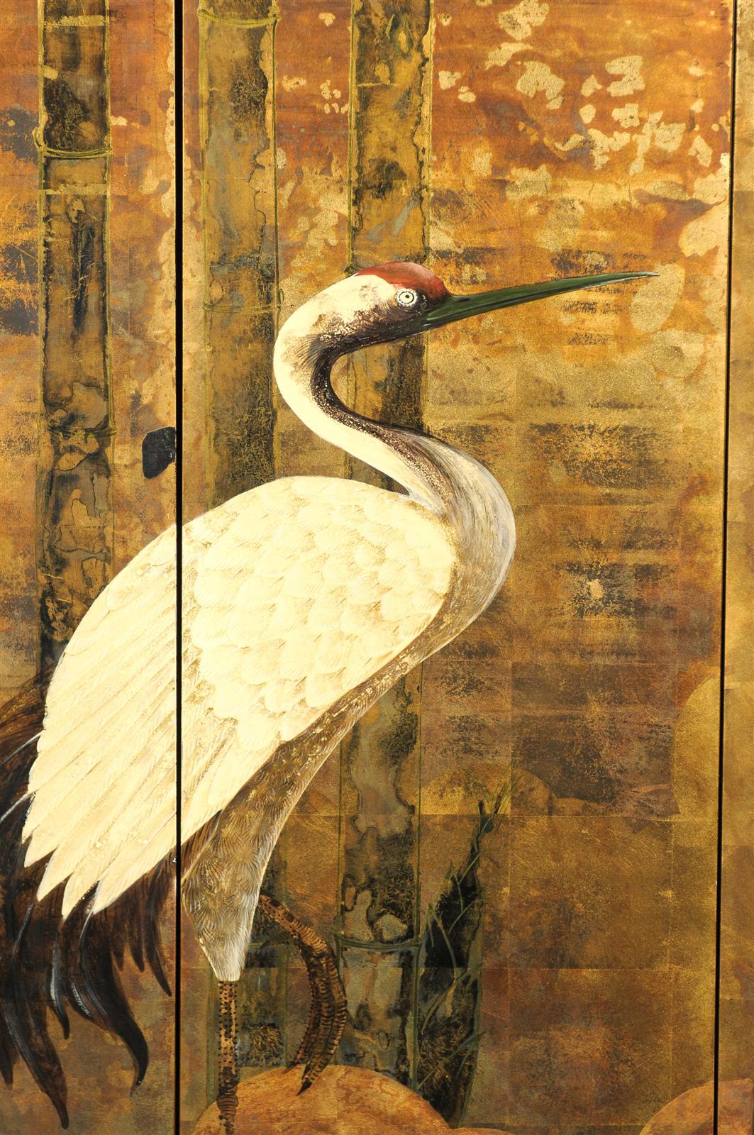 20th Century Oriental 10-Panel Lacquered Screen with Cranes & Bamboo, Gold Tones 2