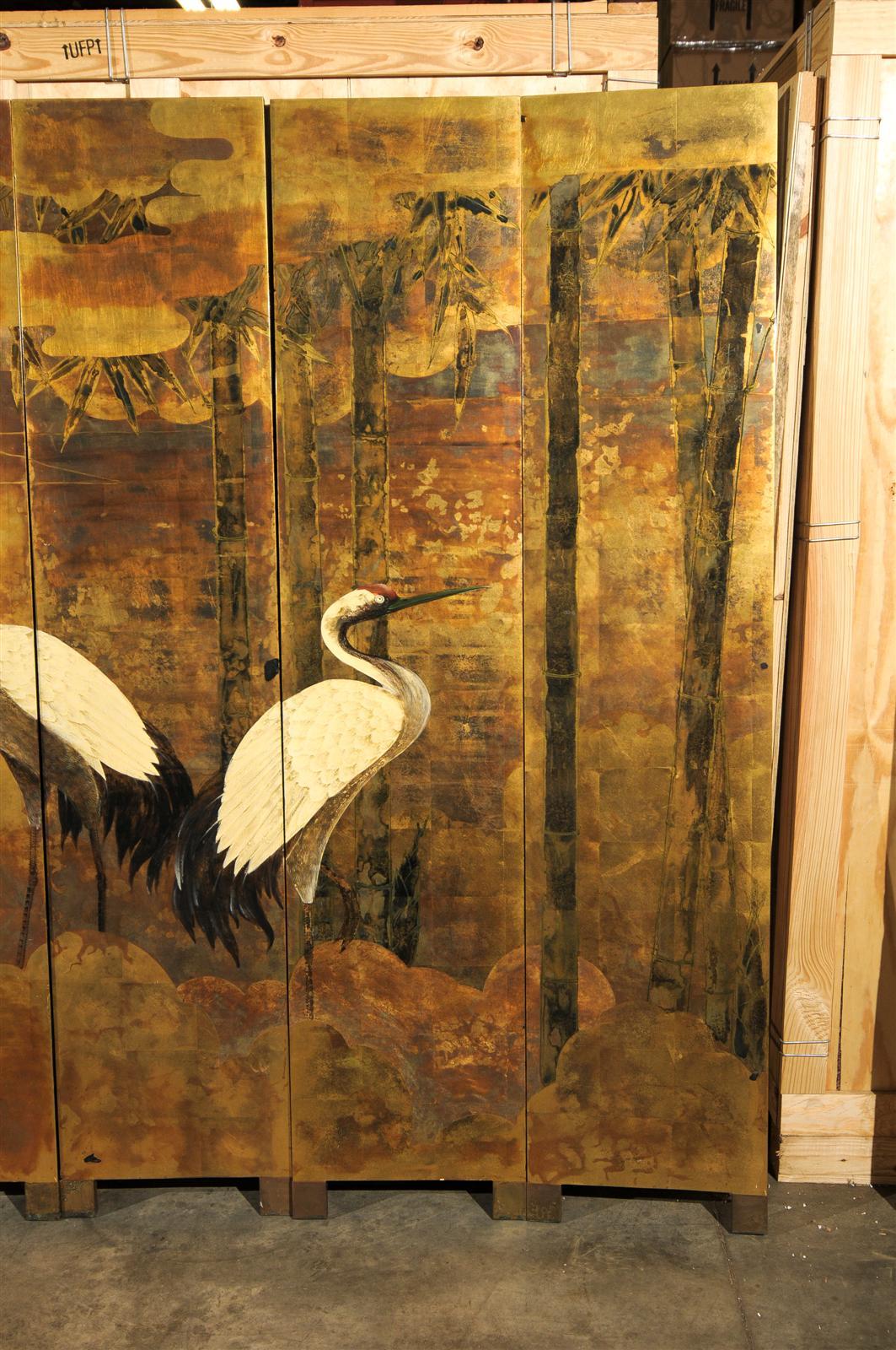 20th Century Oriental 10-Panel Lacquered Screen with Cranes & Bamboo, Gold Tones 3