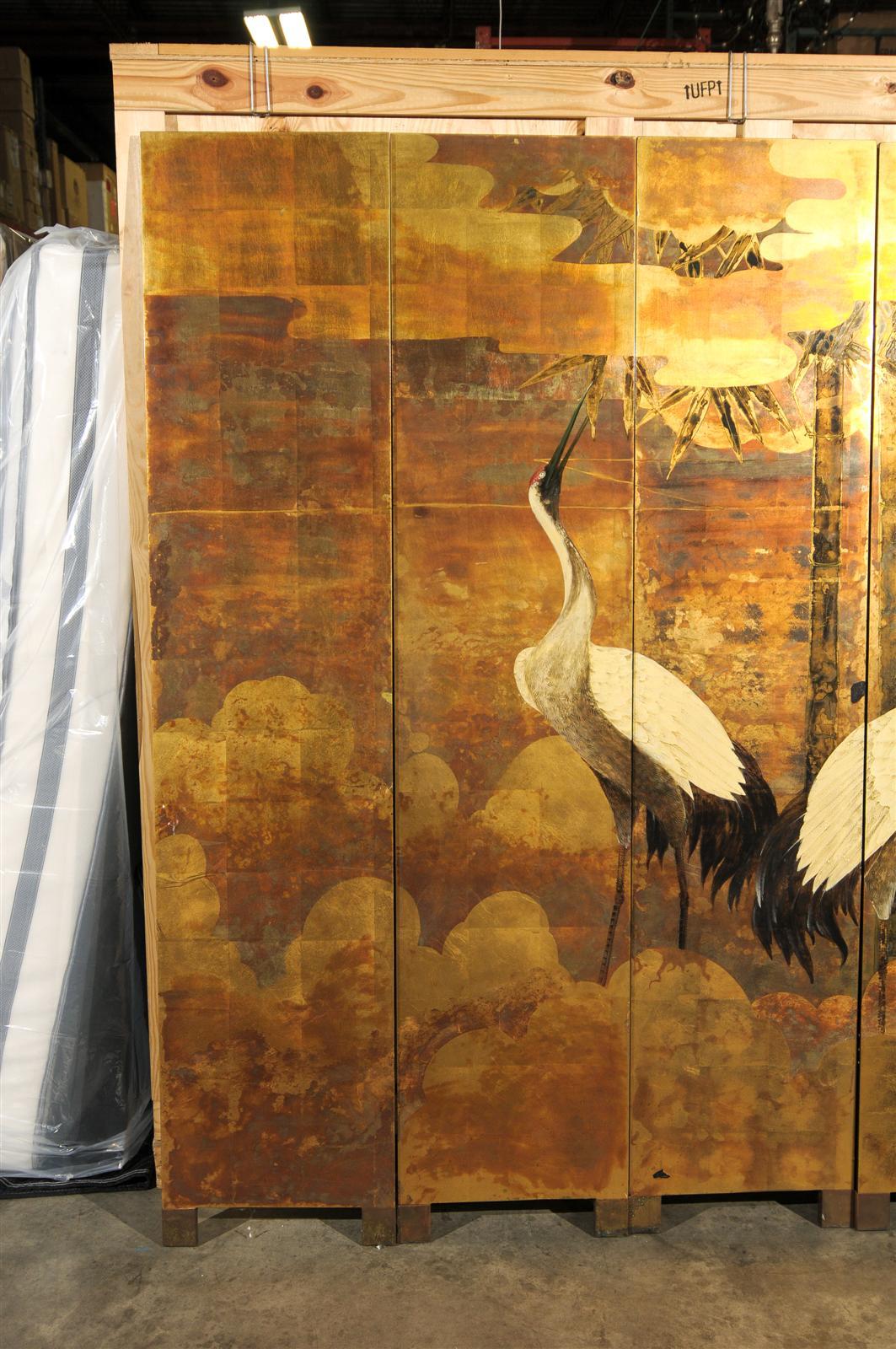 20th Century Oriental 10-Panel Lacquered Screen with Cranes & Bamboo, Gold Tones 4