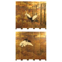 20th Century Oriental 10-Panel Lacquered Screen with Cranes & Bamboo, Gold Tones