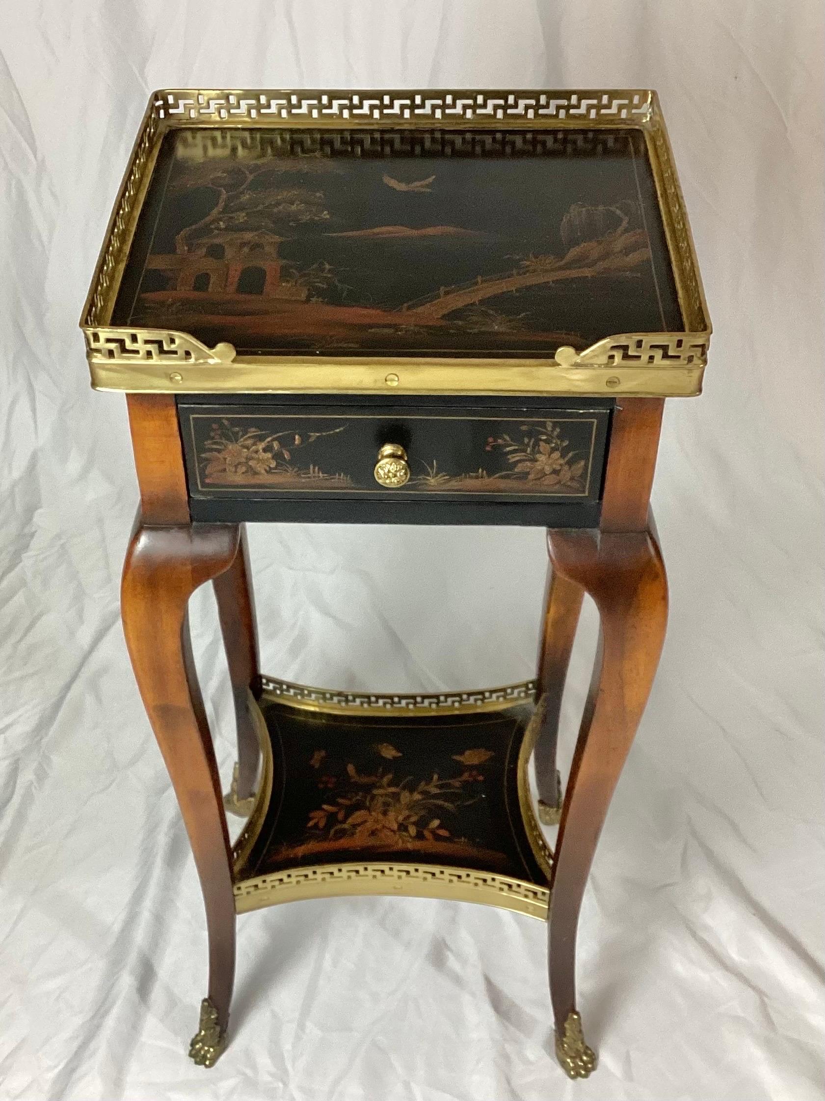 Wood 20th Century Oriental Chinoiserie Decorated One Drawer Stand with Brass Gallery For Sale