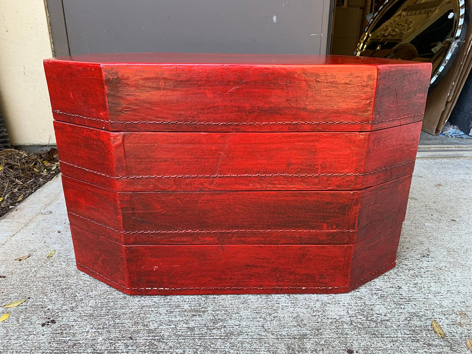 20th century oriental lacquered red drinks table. Four stacked boxes.
Each shelf/box is 4