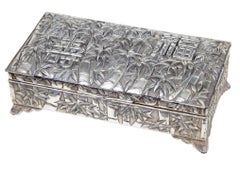 20th century oriental silver plate bamboo decorated tobacco box