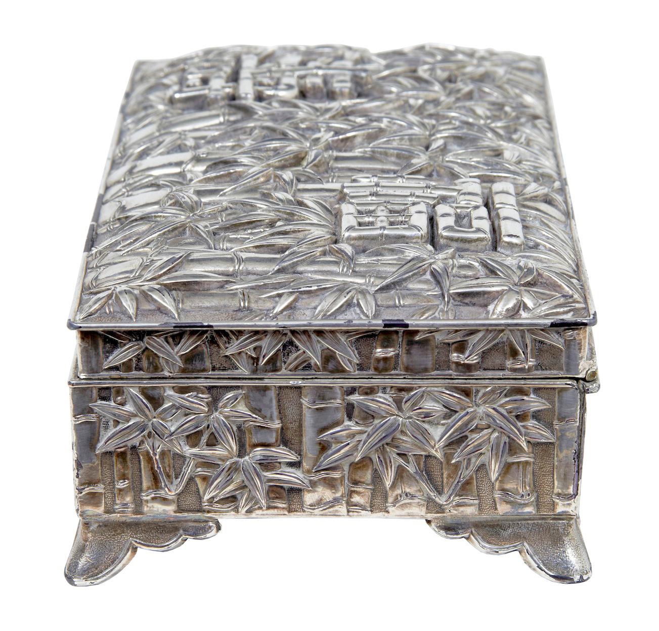 Japanese 20th century oriental silver plate bamboo decorated tobacco box For Sale