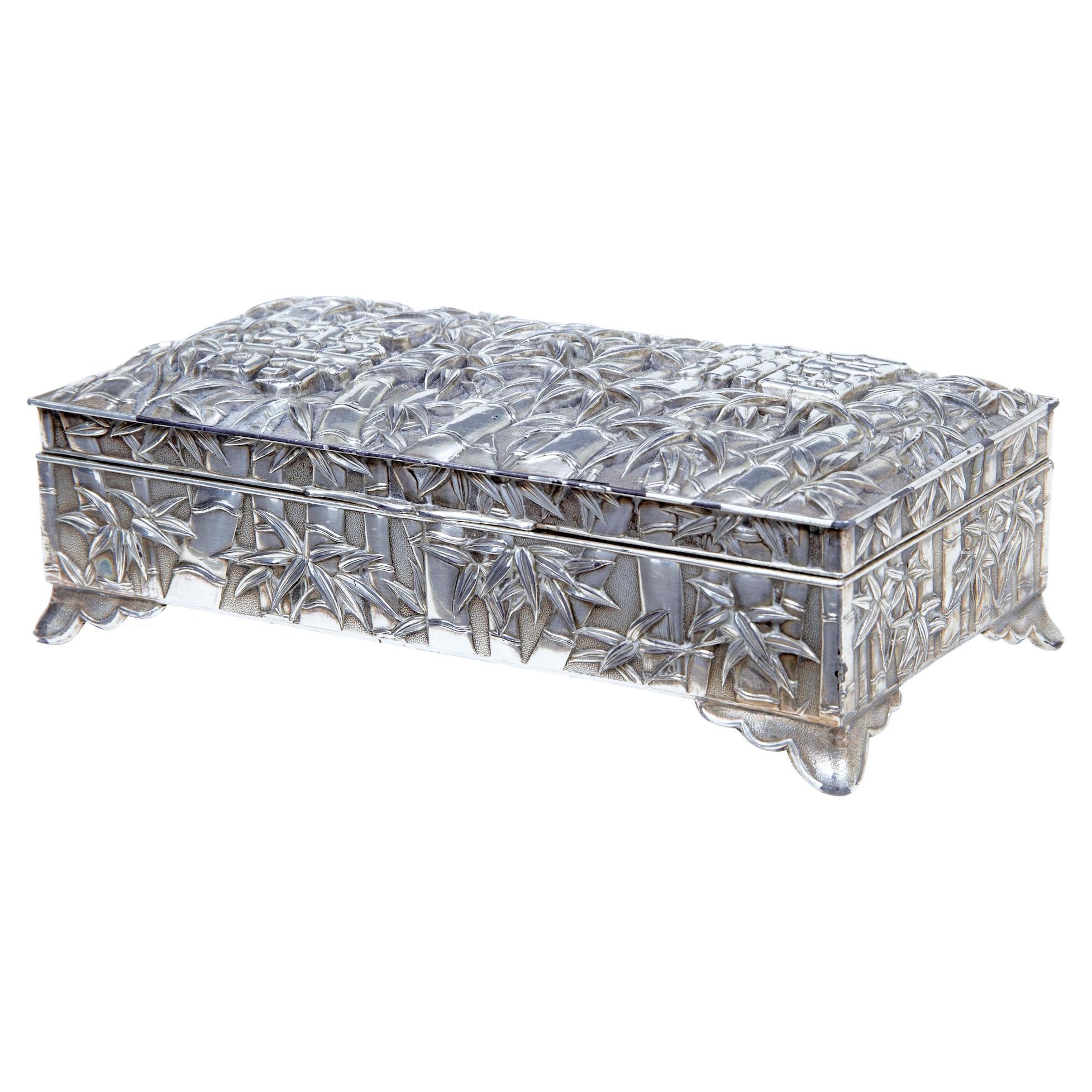 20th century oriental silver plate bamboo decorated tobacco box For Sale