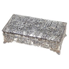20th Century oriental silver plate bamboo decorated tobacco box