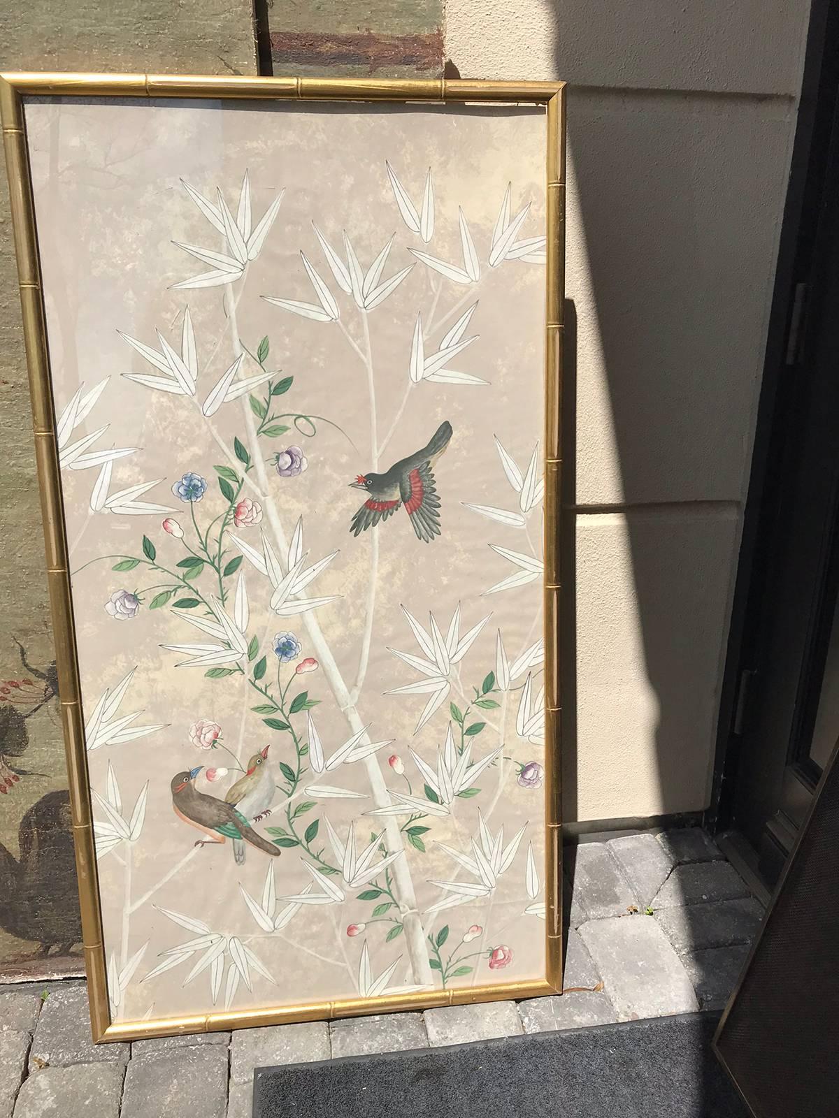 20th century oriental watercolor panel with gilt faux bamboo frame.